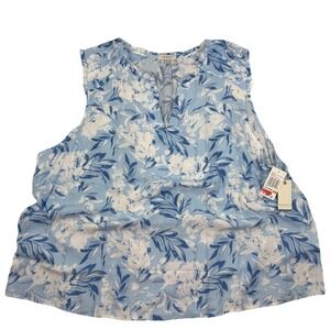 NWT ANGELS Womens Sleeveless V-Neck Tank Top Blouse Shirt White/Blue Floral - 3X